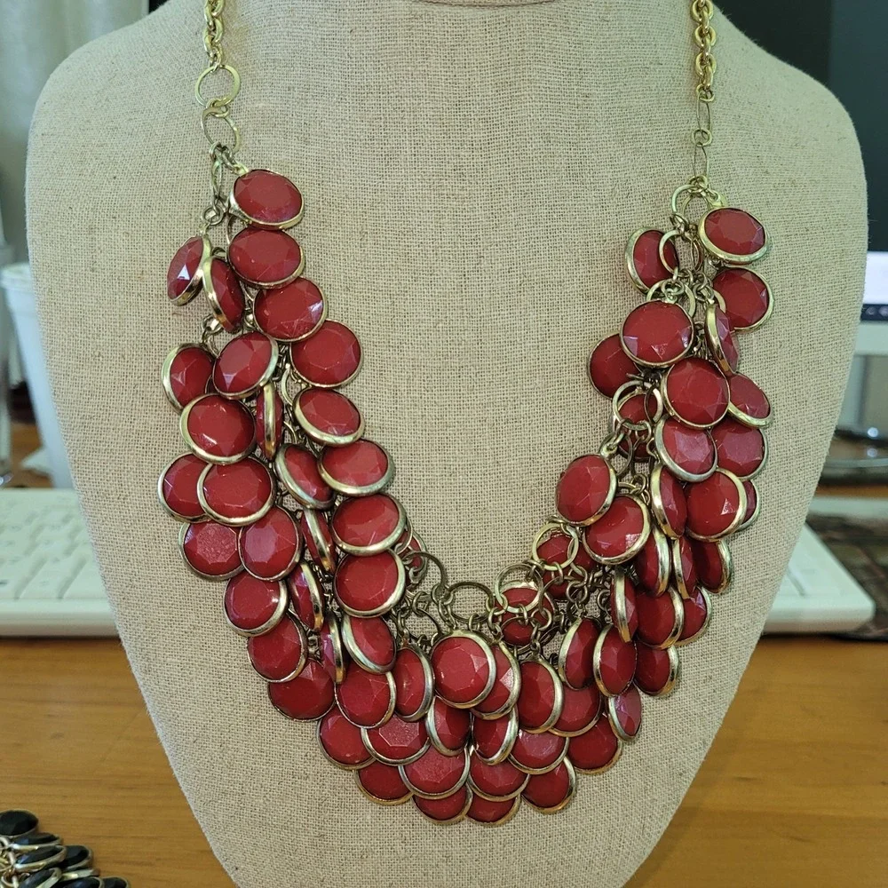 Chunky Faceted Bib Necklace Pair Black Red Cabochon Statement 20 Inch Lot Vtg